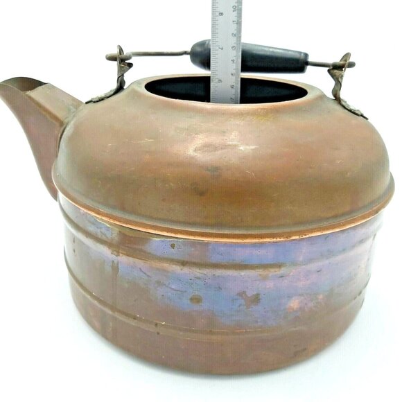 Large Copper Stovetop Tea Kettle Wooden Handle 7 inch Coffee Pot Wood Stove VTG - Picture 11 of 11